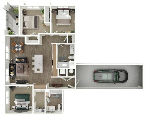 a 3d floor plan of a house with a car